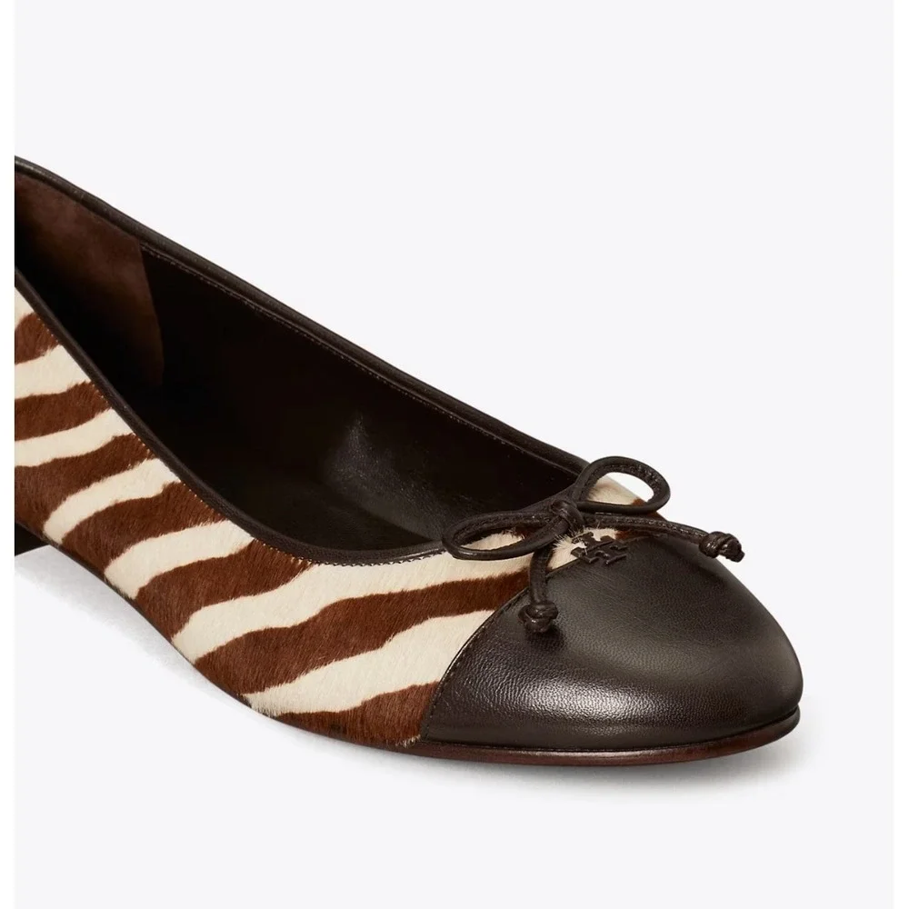 Tory Burch Zebra Print Calf Hair Leather Ballet Flats Brown Cream Bow Women 13M
